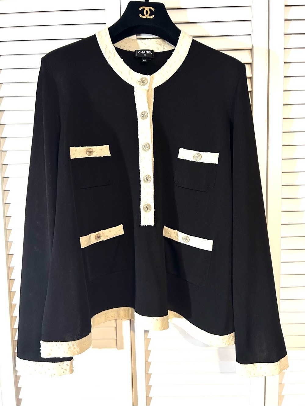 CHANEL Black Jacket with Cream Trim and Logo Buttons